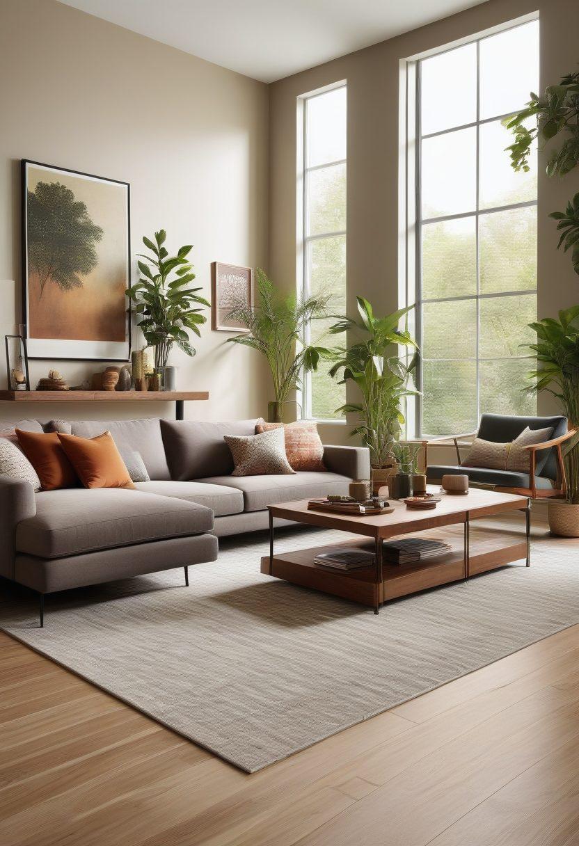 A modern living room featuring Mohawk's eco-friendly flooring, with stylish furniture, lush indoor plants, and large windows allowing natural light to flood in. The flooring should showcase natural textures and colors, emphasizing sustainability. Incorporate subtle decorative elements made from recycled materials for a touch of elegance. Super-realistic. vibrant colors. 3D.