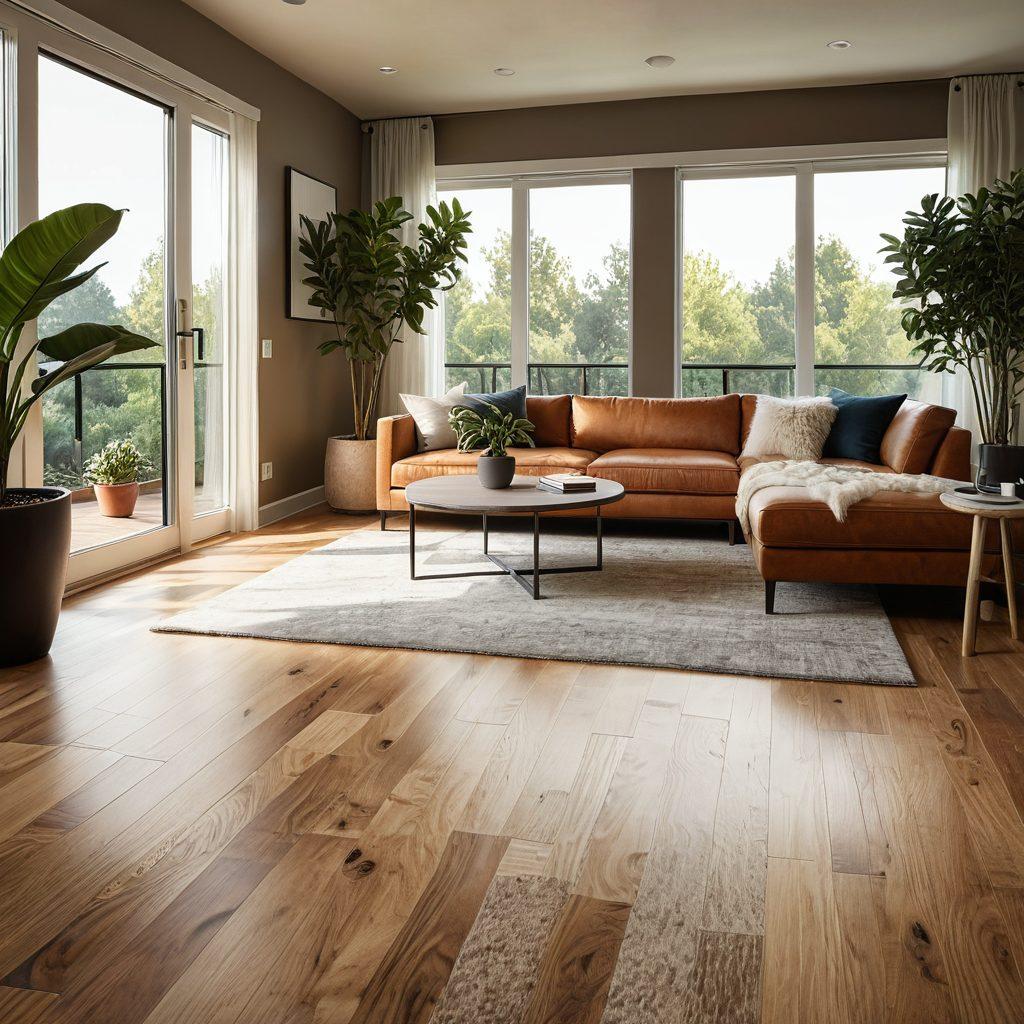 A stylish interior showcasing a seamless transition from a plush, cozy carpet in warm tones to sleek, elegant hardwood flooring with rich grains. Natural light filters in through large windows, highlighting decorative elements like modern furniture and potted plants, creating a welcoming and sophisticated atmosphere. The contrast of textures emphasizes the diverse flooring options available for any home style. super-realistic. vibrant colors. warm lighting.