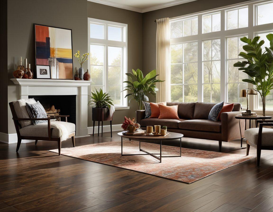 An elegant living room showcasing various Mohawk flooring options, including hardwood, laminate, and carpets in warm tones. Highlight a cozy seating area with stylish decor, large windows letting in natural light, and vibrant houseplants to emphasize transformation. Incorporate rich textures and intricate flooring patterns to illustrate diversity in choices. super-realistic. vibrant colors. warm lighting.